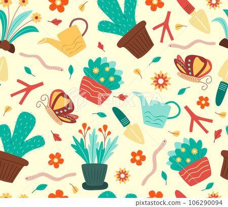 Seamless Pattern with Fowers and Gardening Tools for Gardening Background Concept Illustration Seamless Pattern with Fowers and Gardening Tools for Gardening Background Concept Illustration 106290094