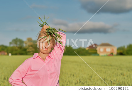 Beautiful adult woman stands in a wheat field with ears of wheat in her hands. Blue sky with clouds, selective focus, idea for a banner or background Beautiful adult woman stands in a wheat field with ears of wheat in her hands. Blue sky with clouds, selective focus, idea for a banner or background 106290121