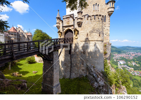 Lichtenstein Castle with vintage bridge at mountain top, Germany, Europe Lichtenstein Castle with vintage bridge at mountain top, Germany, Europe 106290152