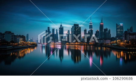 Panoramic skyline and modern commercial buildings with empty asphalt road. AI Generative. Panoramic skyline and modern commercial buildings with empty asphalt road. AI Generative. 106290686