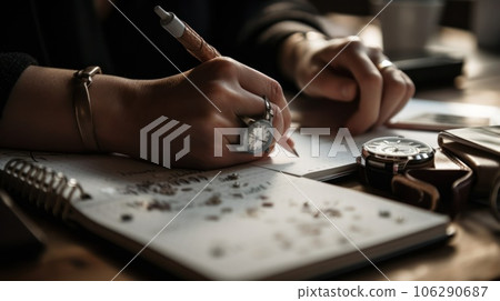 Desk with papers, a white pad and the hands of a businessman who is about to write. Close-up to the hands of a man with a suit and watch writing in his notebook. AI Generative. Desk with papers, a white pad and the hands of a businessman who is about to write. Close-up to the hands of a man with a suit and watch writing in his notebook. AI Generative. 106290687