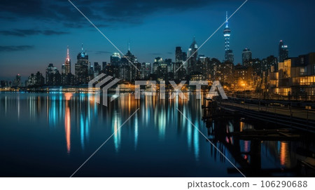 Panoramic skyline and modern commercial buildings with empty asphalt road. AI Generative. Panoramic skyline and modern commercial buildings with empty asphalt road. AI Generative. 106290688
