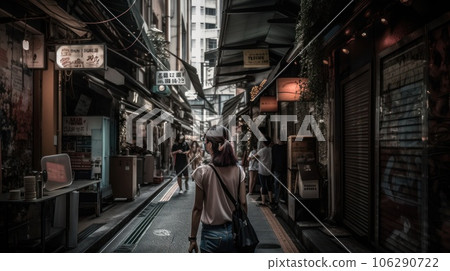 Journalist traveler with backpack explore the urban city walking on the old streets and explore. The concept of travel is discovering new places. AI Generative. 106290722