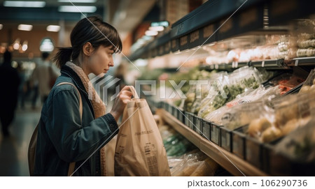 Woman chooses fruits and vegetables food market. Reusable bag shopping. Zero waste. AI Generative. 106290736