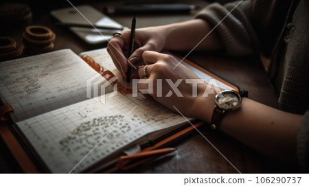 Desk with papers, a white pad and the hands of a businessman who is about to write. Close-up to the hands of a man with a suit and watch writing in his notebook. AI Generative. 106290737
