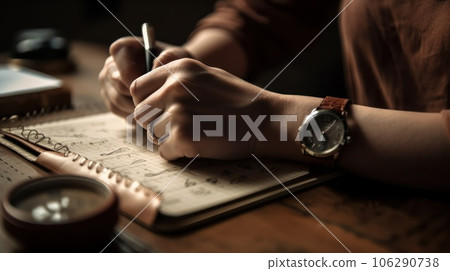 Desk with papers, a white pad and the hands of a businessman who is about to write. Close-up to the hands of a man with a suit and watch writing in his notebook. AI Generative. 106290738