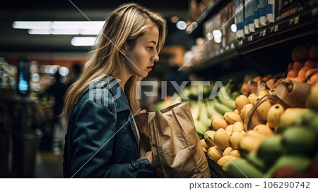 Woman chooses fruits and vegetables food market. Reusable bag shopping. Zero waste. AI Generative. 106290742