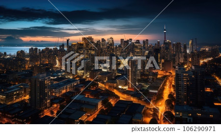 Panoramic skyline and modern commercial buildings with empty asphalt road. AI Generative. 106290971