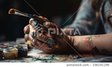 Artist Works on Oil Painting, Moving Paint Brush Energetically She Creates Modern Masterpiece. Dark Creative Studio with Large Canvas Stands on Easel Illuminated. Low Angle Close-up.AI Generative 106291296