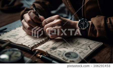 Desk with papers, a white pad and the hands of a businessman who is about to write. Close-up to the hands of a man with a suit and watch writing in his notebook. AI Generative. 106291458