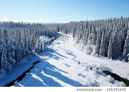 An aerial landscape of winter river in snowy forest 106291640