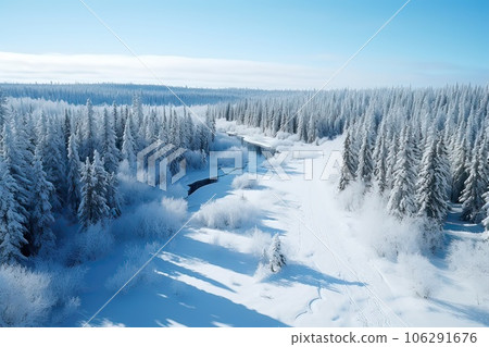 An aerial landscape of winter river in snowy forest 106291676