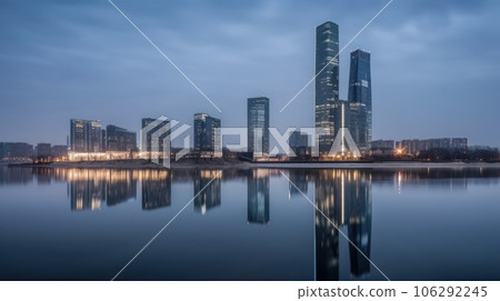 Panoramic skyline and modern commercial buildings with empty asphalt road. AI Generative. 106292245