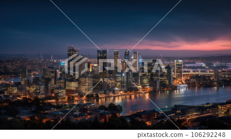 Panoramic skyline and modern commercial buildings with empty asphalt road. AI Generative. 106292248