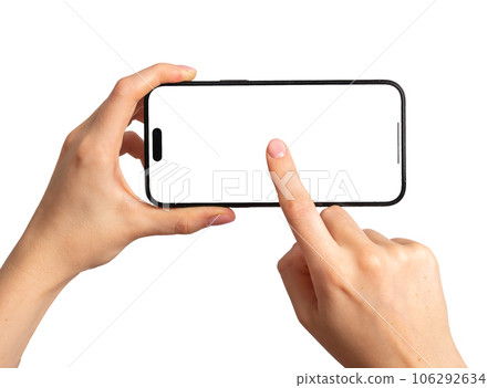 Finger clicking on mobile phone screen center. Hand holding smartphone mock up horizontally, isolated on white background 106292634