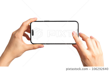 Finger tapping on mobile phone screen button, taking horizontal video, photo. Hand holding smartphone mockup horizontally, isolated on white background 106292640