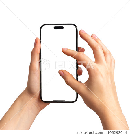 Hand gesture on smartphone screen, tapping with two fingers, zooming up photo on mobile phone display, isolated on white background 106292644