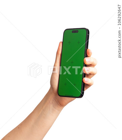 Hand holding green screen of iphone, mobile phone mockup isolated on white background 106292647