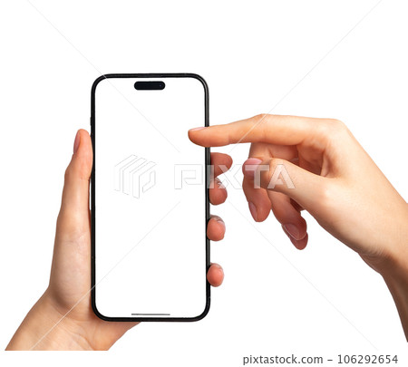 Hand holding mobile phone screen mock up, scrolling with finger iphone 14 mockup isolated on white background Hand holding mobile phone screen mock up, scrolling with finger iphone 14 mockup isolated on white background 106292654