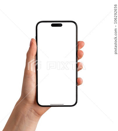 Hand holding mobile phone screen mockup, iphone mock up isolated on white background Hand holding mobile phone screen mockup, iphone mock up isolated on white background 106292656