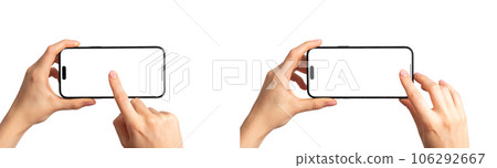 Hand holding, using horizontal smartphone screen mockups, mobile phone mock-ups for game app and video, isolated on white background Hand holding, using horizontal smartphone screen mockups, mobile phone mock-ups for game app and video, isolated on white background 106292667