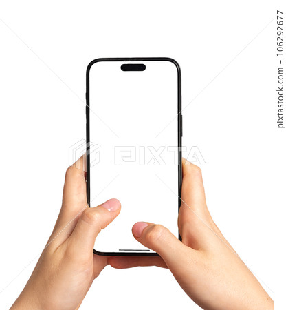 Hands holding mobile phone, texting. Use smartphone mock up, typing with thumbs on blank screen, isolated on white background Hands holding mobile phone, texting. Use smartphone mock up, typing with thumbs on blank screen, isolated on white background 106292677
