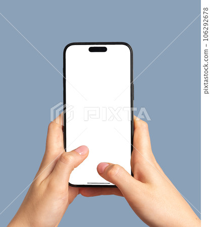 Hands holding mobile phone, texting. Use smartphone screen mockup, typing with thumbs Hands holding mobile phone, texting. Use smartphone screen mockup, typing with thumbs 106292678