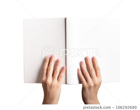 Hands holding open book mockup, blank hard cover mock-up isolated on white background 106292680