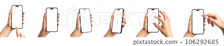 Hands holding, using smartphone screen mockups, mobile phone, vertical mock-ups set isolated on white background 106292685