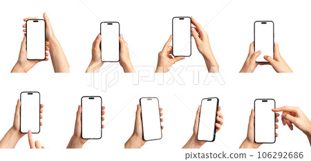 Hands using mobile phone screen mockups, smartphone display mock-ups, vertical cell frames, big set isolated on white background Hands using mobile phone screen mockups, smartphone display mock-ups, vertical cell frames, big set isolated on white background 106292686