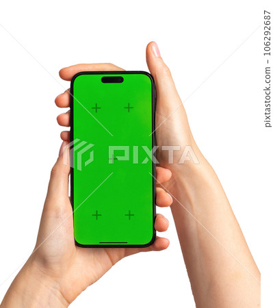 Iphone 14 green screen mock up, mobile phone mockup isolated on white background 106292687