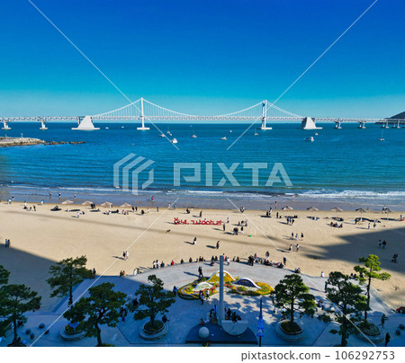 Aerial view of gwangalli beach and gwangandaegyo bridge, Busan, South Korea, Asia. Aerial view of gwangalli beach and gwangandaegyo bridge, Busan, South Korea, Asia. 106292753
