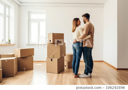 Moving. Loving couple moves into a new home. 106292896