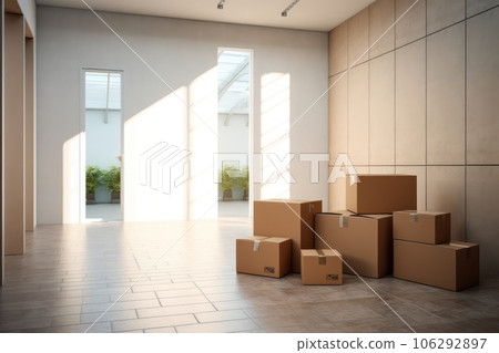 Cardboard boxes and things delivered to a new apartment. 106292897