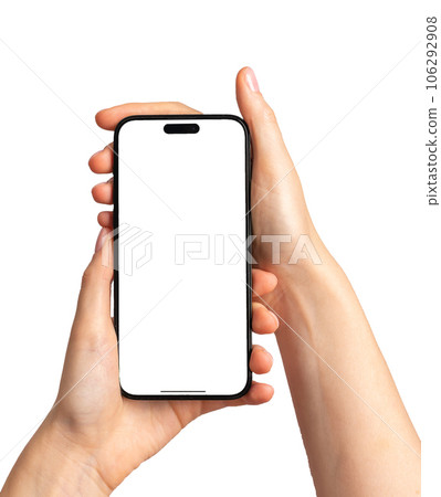 Iphone screen mock up. Hand holding mobile phone mockup isolated on white background 106292908