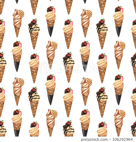 Watercolor dessert pattern, soft ice cream waffle cone with cookie and strawberry. Hand-drawn illustration isolated on white background. Perfect food menu, design packing, bakery shop, cooking Watercolor dessert pattern, soft ice cream waffle cone with cookie and strawberry. Hand-drawn illustration isolated on white background. Perfect food menu, design packing, bakery shop, cooking 106292964