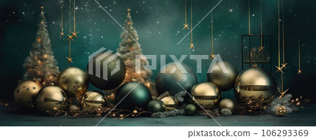 New Year dark green backdrop decorated with stars and ribbons New Year dark green backdrop decorated with stars and ribbons 106293369