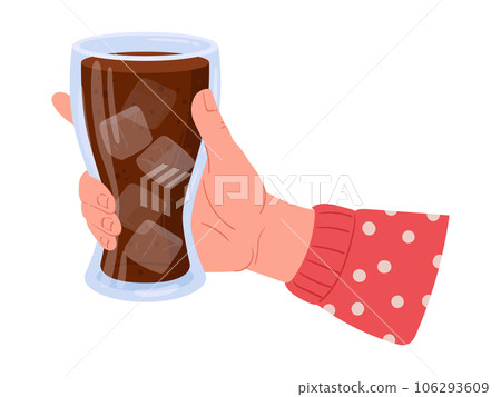 Soda pop glass in hand. Coke with and ice cold refreshing drink. Hand holding glass of sparkling water flat vector illustration Soda pop glass in hand. Coke with and ice cold refreshing drink. Hand holding glass of sparkling water flat vector illustration 106293609
