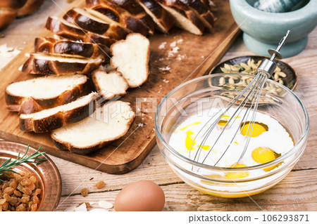 Bread pudding. Milk and eggs in a mixing bowl. Close-up. Pudding ingredients on wooden table Bread pudding. Milk and eggs in a mixing bowl. Close-up. Pudding ingredients on wooden table 106293871