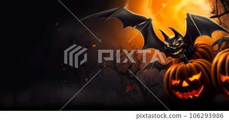 Bat over pumpkin with eyes, space for text, idea for Halloween card or banner. AI generated 106293986