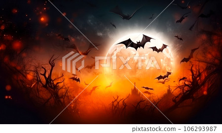 Bats and full moon over a scary forest, idea for a Halloween postcard or banner. AI generated 106293987