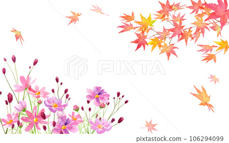Autumn frame design. Watercolor illustration of autumn leaves branches, cosmos and burnet. vector. 106294099