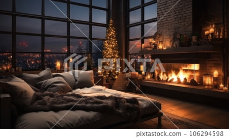 Interior of modern cozy luxury loft style studio with Christmas decor. Blazing fireplace, burning candles, elegant Christmas tree, comfortable couch, home decor, panoramic window with night city view. 106294598