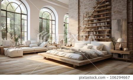 Interior of spacious bright bedroom in rustic cottage. Natural colors, wooden elements of decoration, bookshelf at the head of bed, panoramic windows with stunning forest view. 3D rendering. Interior of spacious bright bedroom in rustic cottage. Natural colors, wooden elements of decoration, bookshelf at the head of bed, panoramic windows with stunning forest view. 3D rendering. 106294667