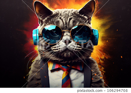 AI Generative. The cat is a dj with sunglasses - Stock