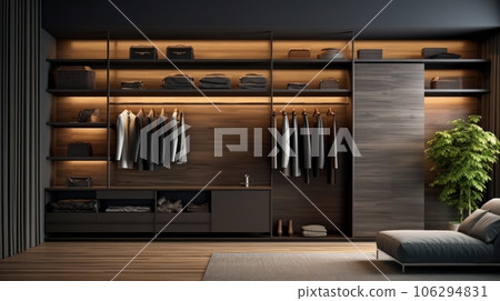Front view of a modern minimalist walk-in closet. Wardrobe with neatly hung clothes, comfortable couch, plant in floor pot, home decor. Mockup, 3D rendering. 106294831