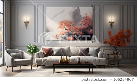 Front view of a modern classic living room. Gray wall with large painting, couch with cushions, armchair, coffee table, rug on wooden floor, panoramic window, home decor. Mockup, 3D rendering. Front view of a modern classic living room. Gray wall with large painting, couch with cushions, armchair, coffee table, rug on wooden floor, panoramic window, home decor. Mockup, 3D rendering. 106294967