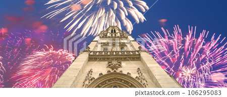 Celebratory fireworks over the Great gothic church of Saint Germain l Auxerrois, Paris, France Celebratory fireworks over the Great gothic church of Saint Germain l Auxerrois, Paris, France 106295083