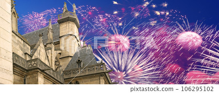 Celebratory fireworks over the Great gothic church of Saint Germain l Auxerrois, Paris, France Celebratory fireworks over the Great gothic church of Saint Germain l Auxerrois, Paris, France 106295102