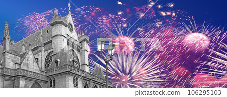 Celebratory fireworks over the Great gothic church of Saint Germain l Auxerrois, Paris, France Celebratory fireworks over the Great gothic church of Saint Germain l Auxerrois, Paris, France 106295103